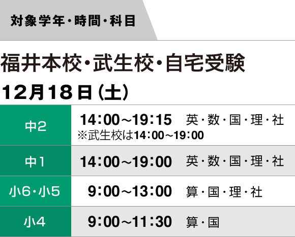日程・対象学年・時間・科目